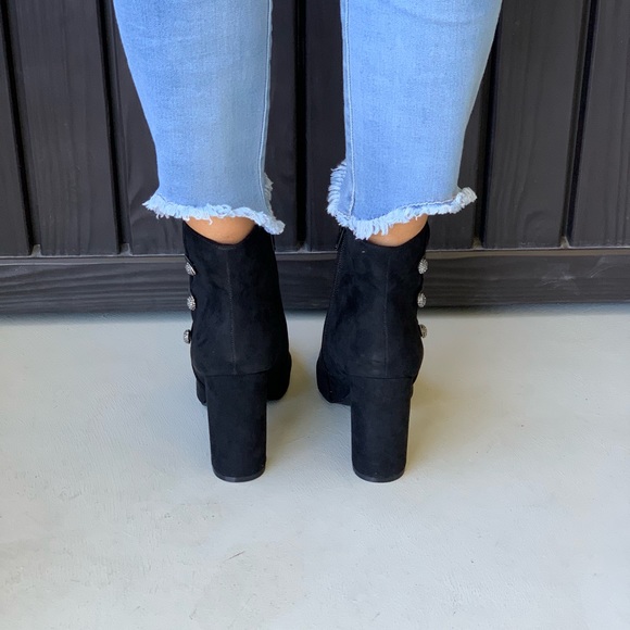 Velvet Sparkle Buttons Block Heel Ankle Booties - Picture 3 of 8